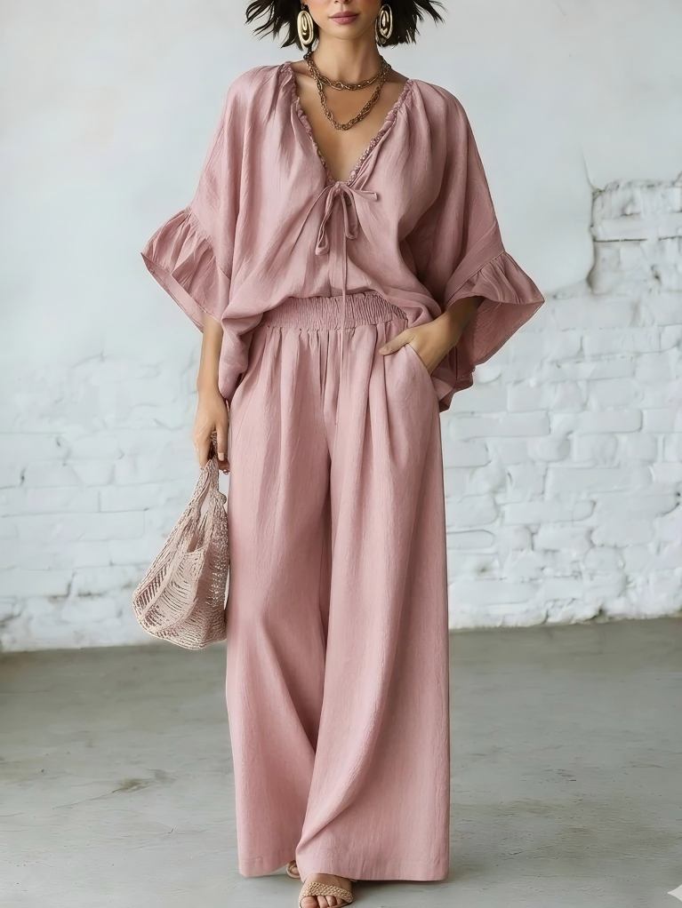 Women's Loose-Fit V-Neck Top & Wide-Leg Pants Two-Piece Set FitiqueFit