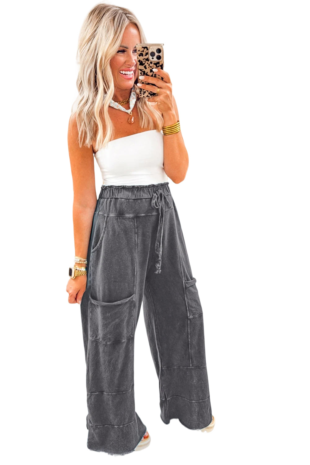 Wild Ginger  Mineral Wash Knot High Waist Raw Hem Pants Shewin