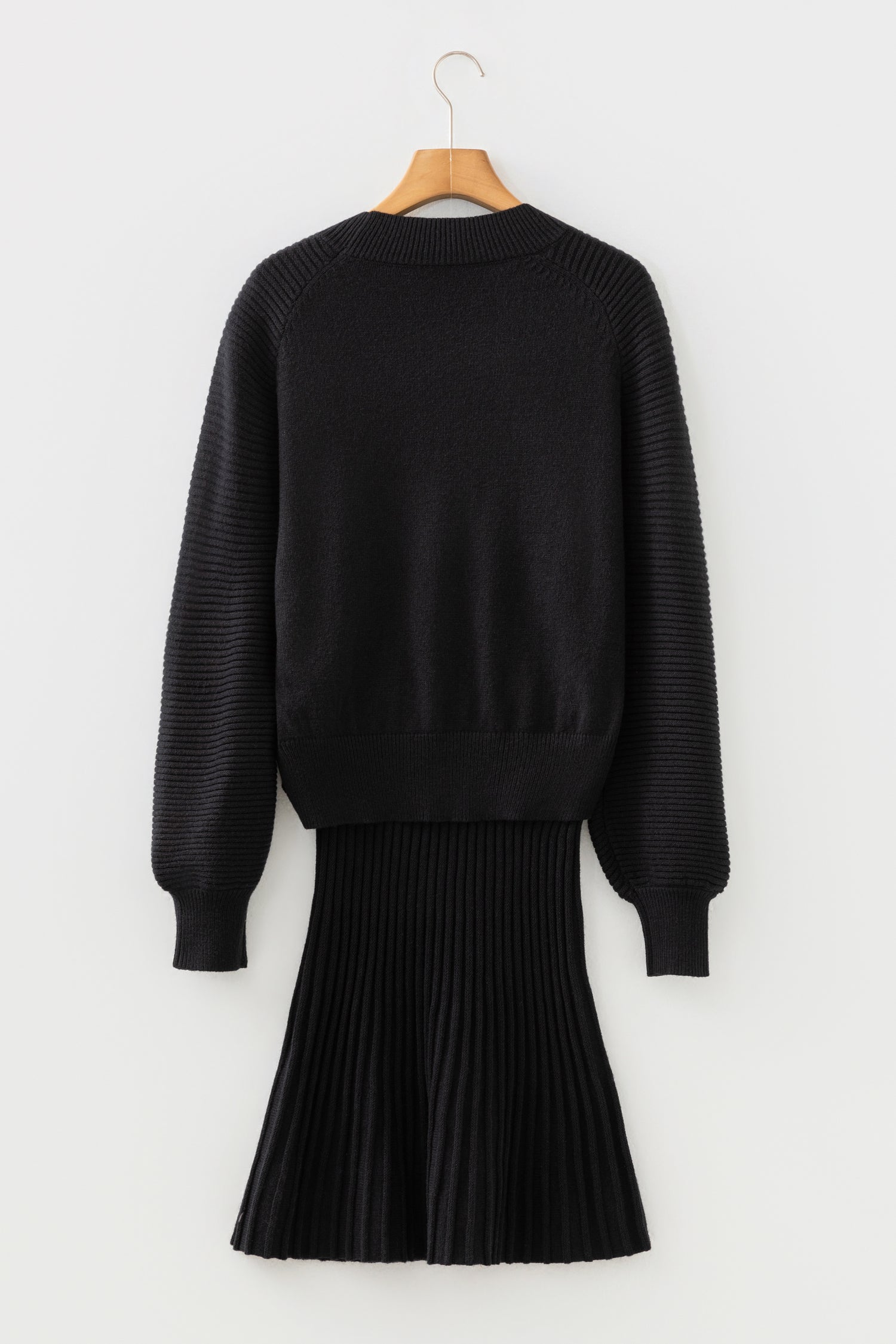 Smoke Gray Lantern Sleeve Sweater Pleated Knitted Mini Skirt Set