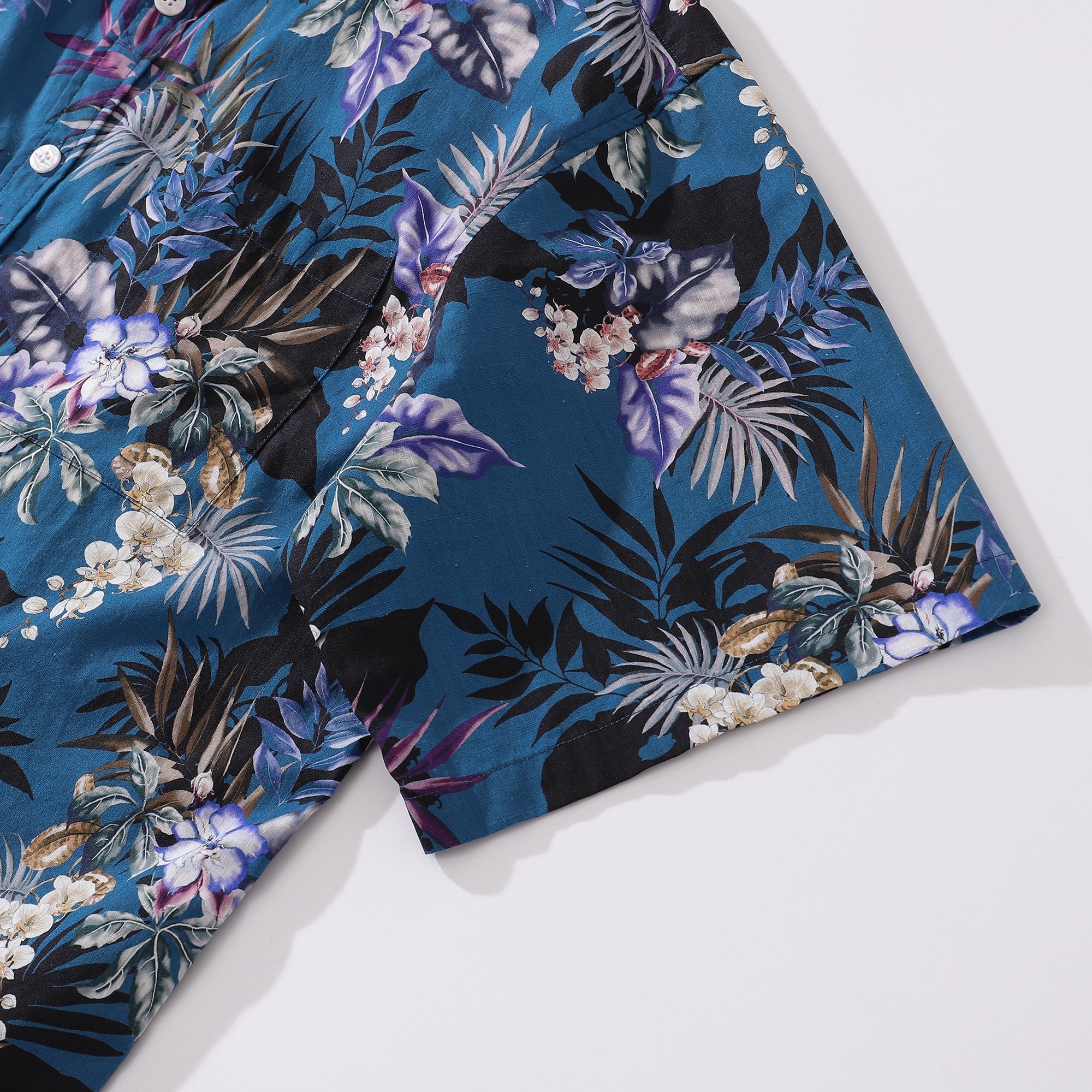 Dark Blue Hand Painted Orchid Floral Print 100% Cotton Button-down Shirt By Amy