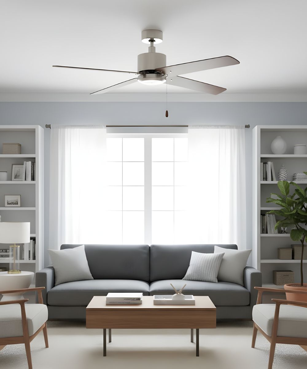 52" Aldea IV 4-Blade Ceiling Fan Brushed Nickel Motor Finish and Walnut Blade Finish LampsUSA