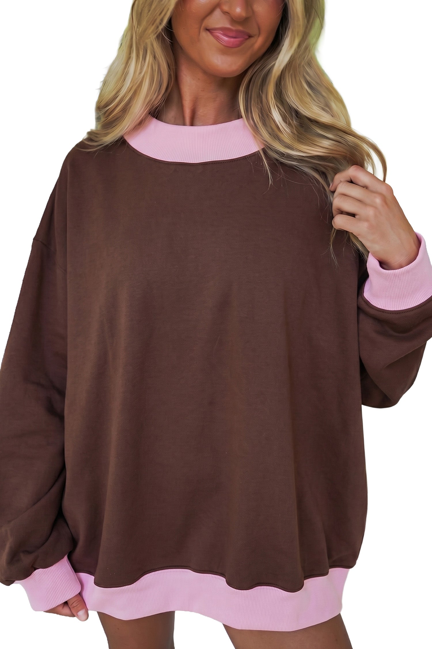 Pink Colorblock Trim Crewneck Long Sleeve Pullover Sweatshirt