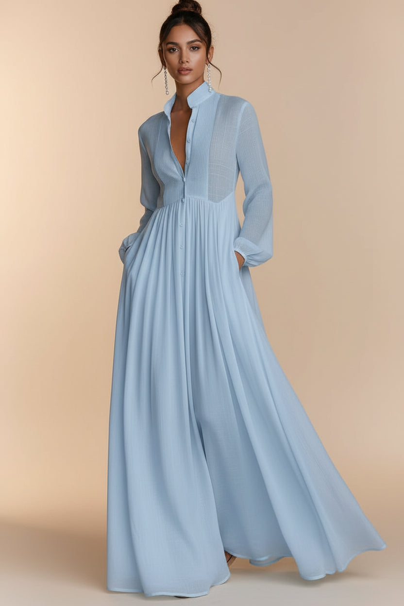 Women's French Style Long Sleeve Pleated A-Line Maxi Dress FitiqueFit