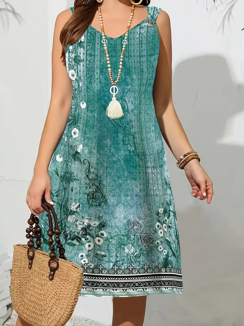 Plus Size Boho Floral Print Sleeveless Midi Dress – Women's Vintage Ethnic Border Dress FitiqueFit