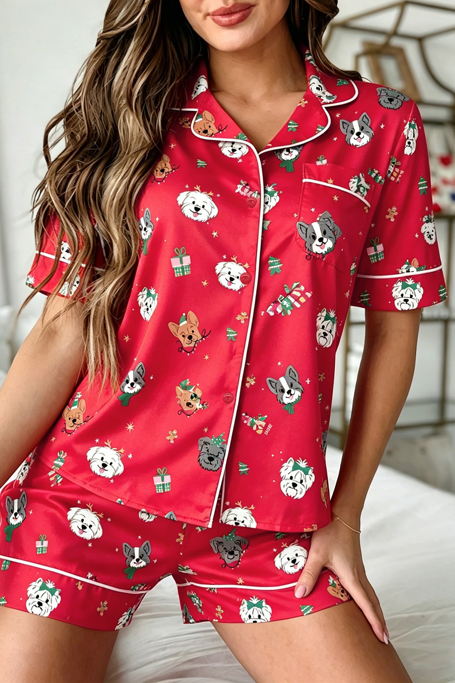 Racing Red Festive Dog Print Short Sleeve Two Piece Lounge Set
