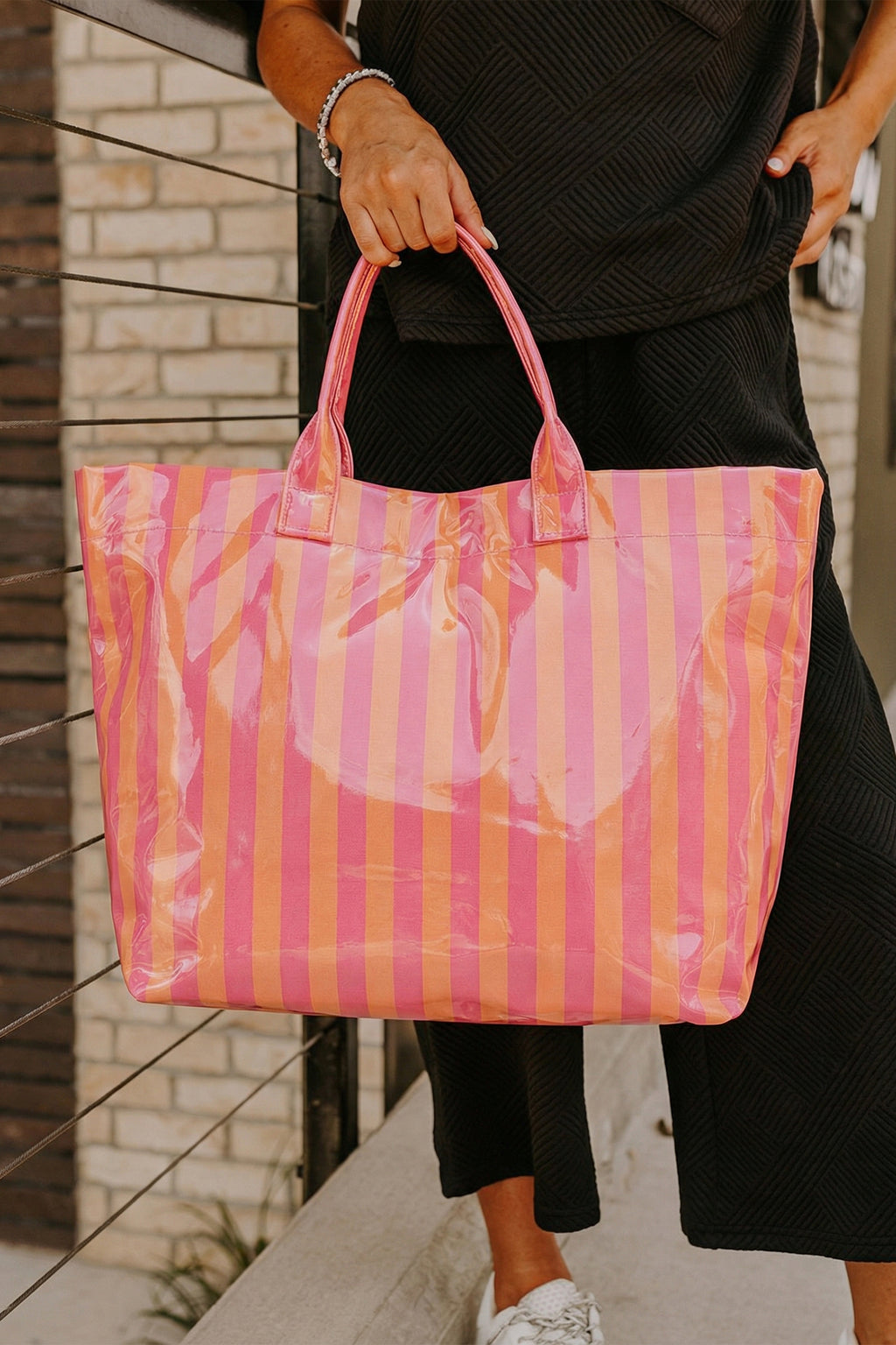 Red Glossy Striped Vinyl Large Tote Bag (Color Varied) Shewin