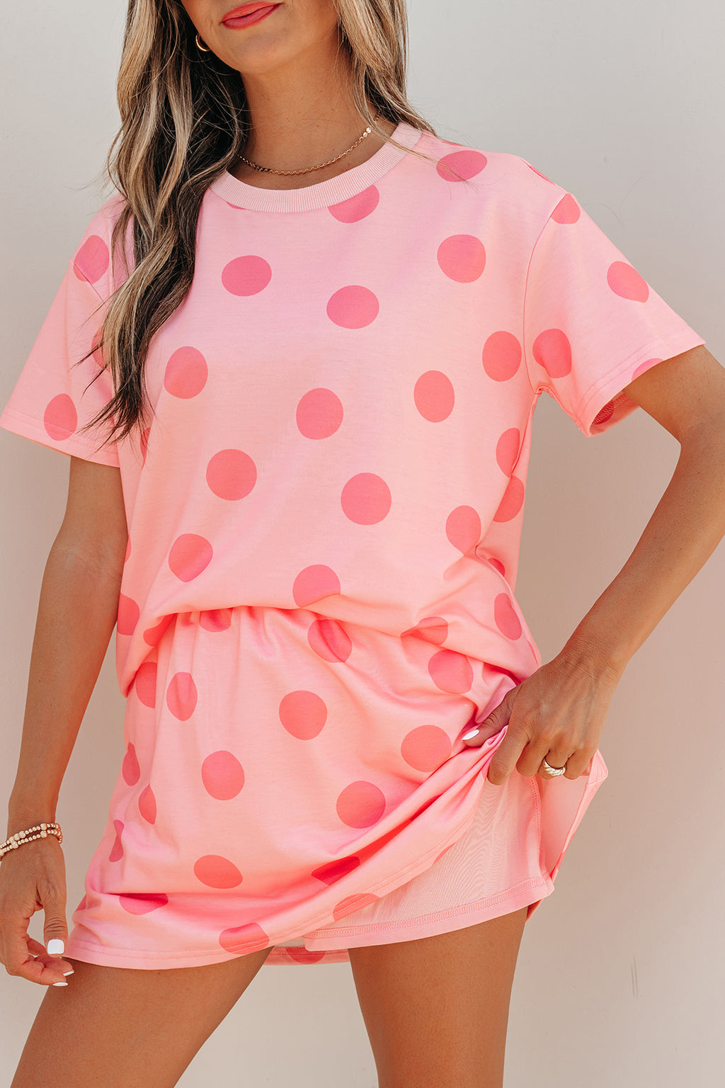 Sky Blue Polka Dot Short Sleeve Top Casual Skort 2pcs Outfit