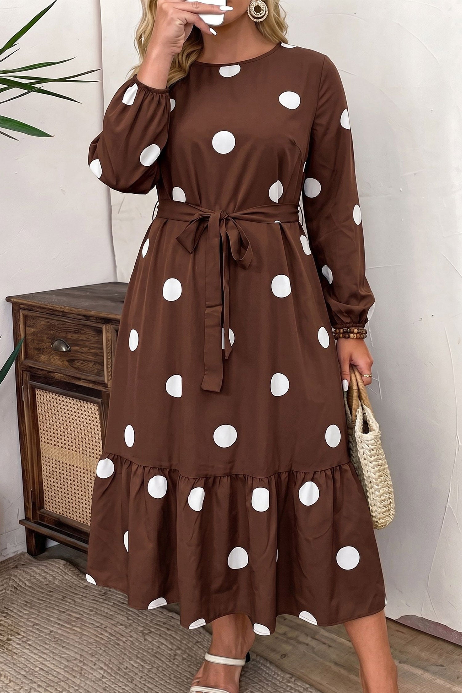 Brown Polka Dot Ruffled Hem Long Sleeve Tie Waist Plus Size Dress