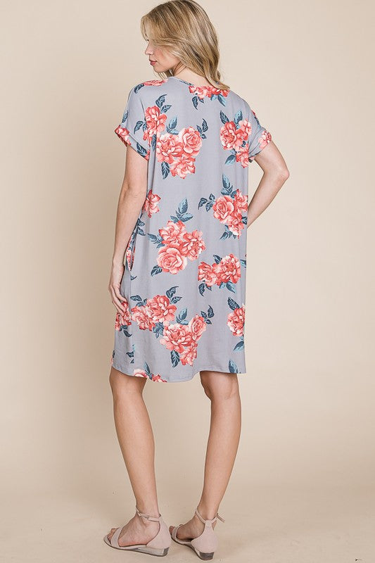 Floral Round Neck Short Tee Dress with Pockets For Women – Comfortable, Casual & Functional for Everyday Wear