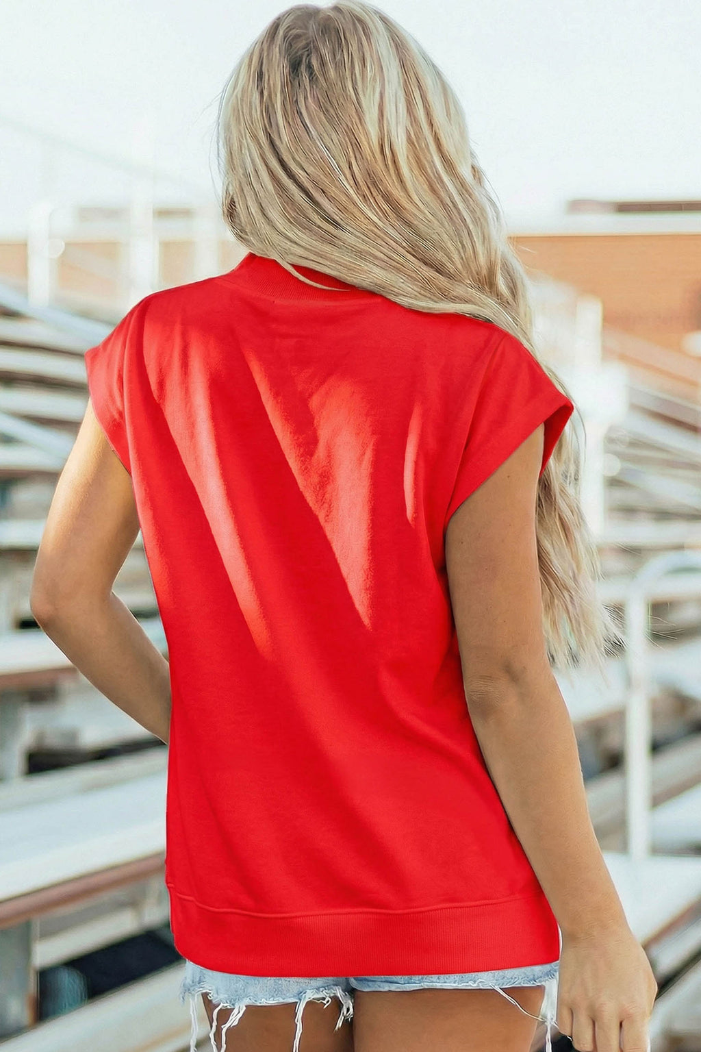 Racing Red Sequin Cow Pattern Hearts High Neck Cap Sleeve Top