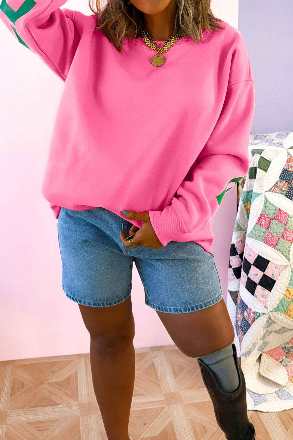 Sachet Pink Slogan Print Round Neck Long Sleeve Sweatshirt