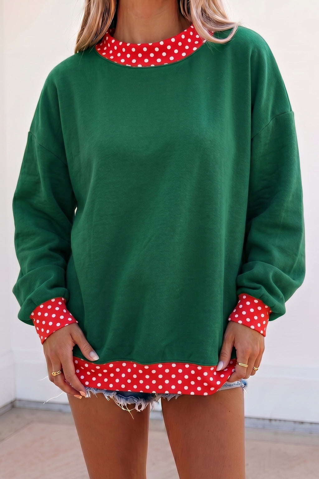 Brown Colorblock Polka Dot Contrast Trim Oversized Sweatshirt