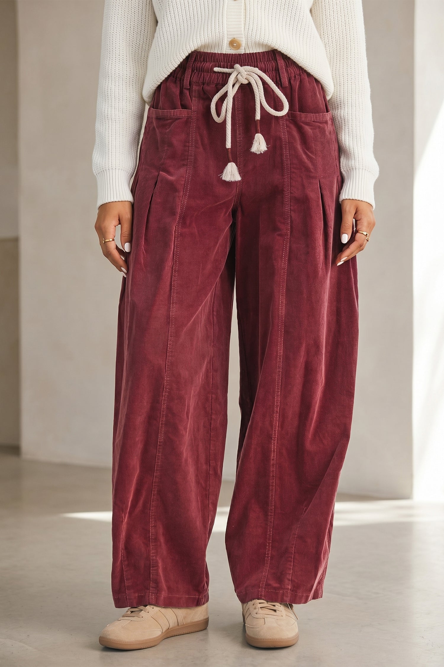 Racing Red Elastic Waist Drawstring Corduroy Casual Pants Shewin