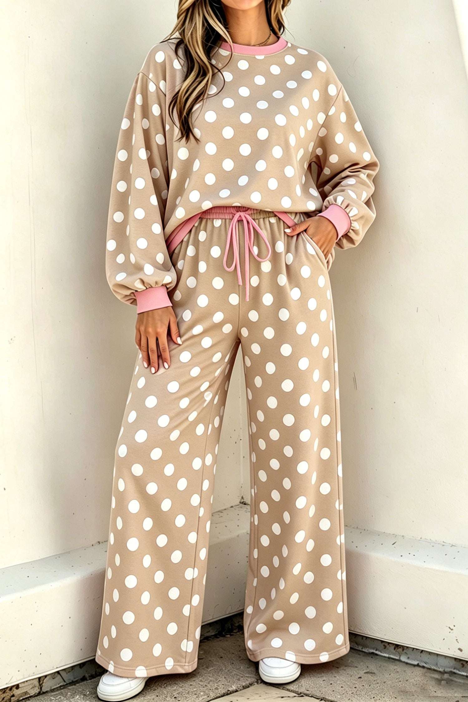 Khaki Polka Dot Contrast Trim Long Sleeve Top Drawstring Shift Pants Set