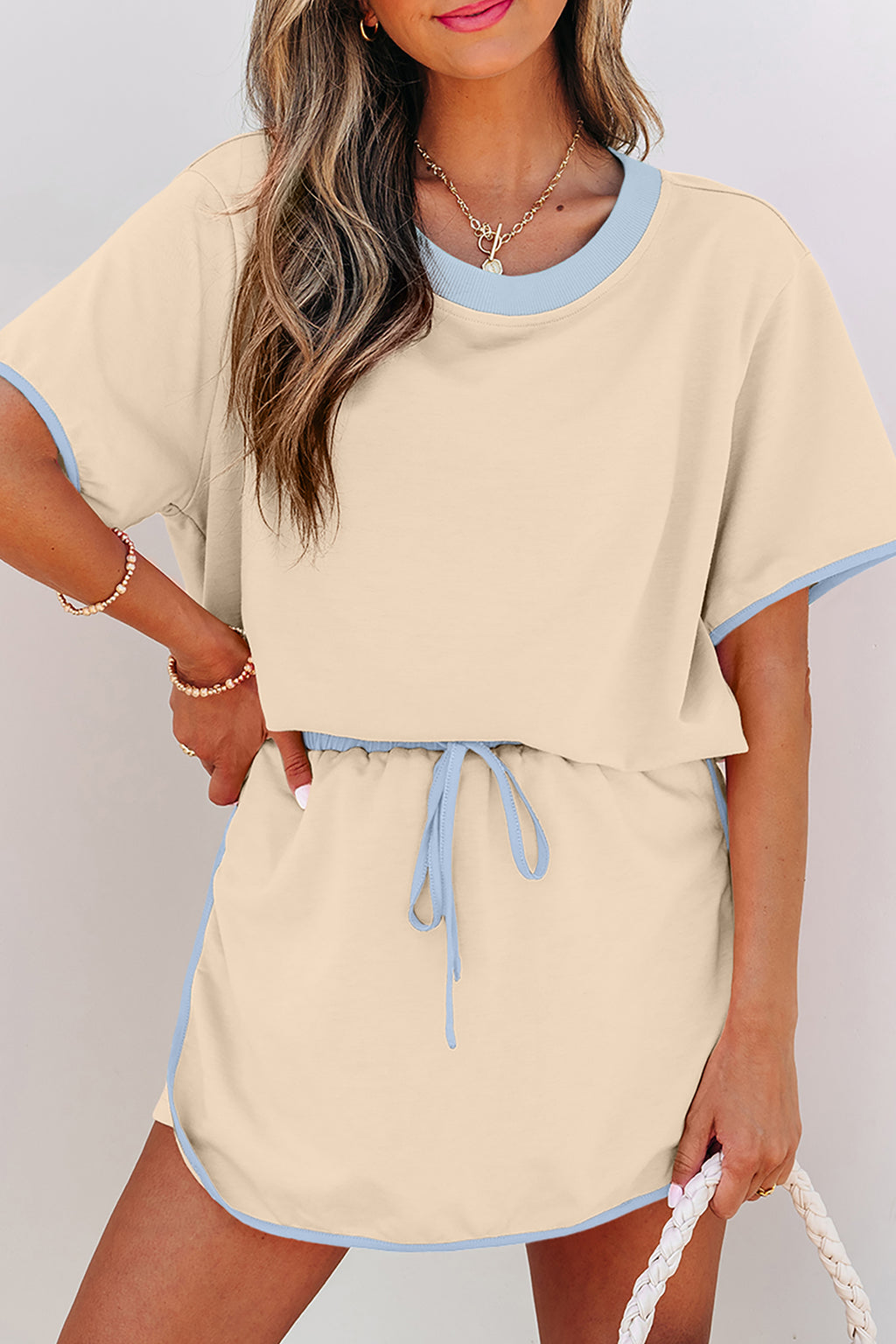 Moonlight Jade Colorblock Edge Drop Shoulder T Shirt and Skort 2Pcs Set Shewin