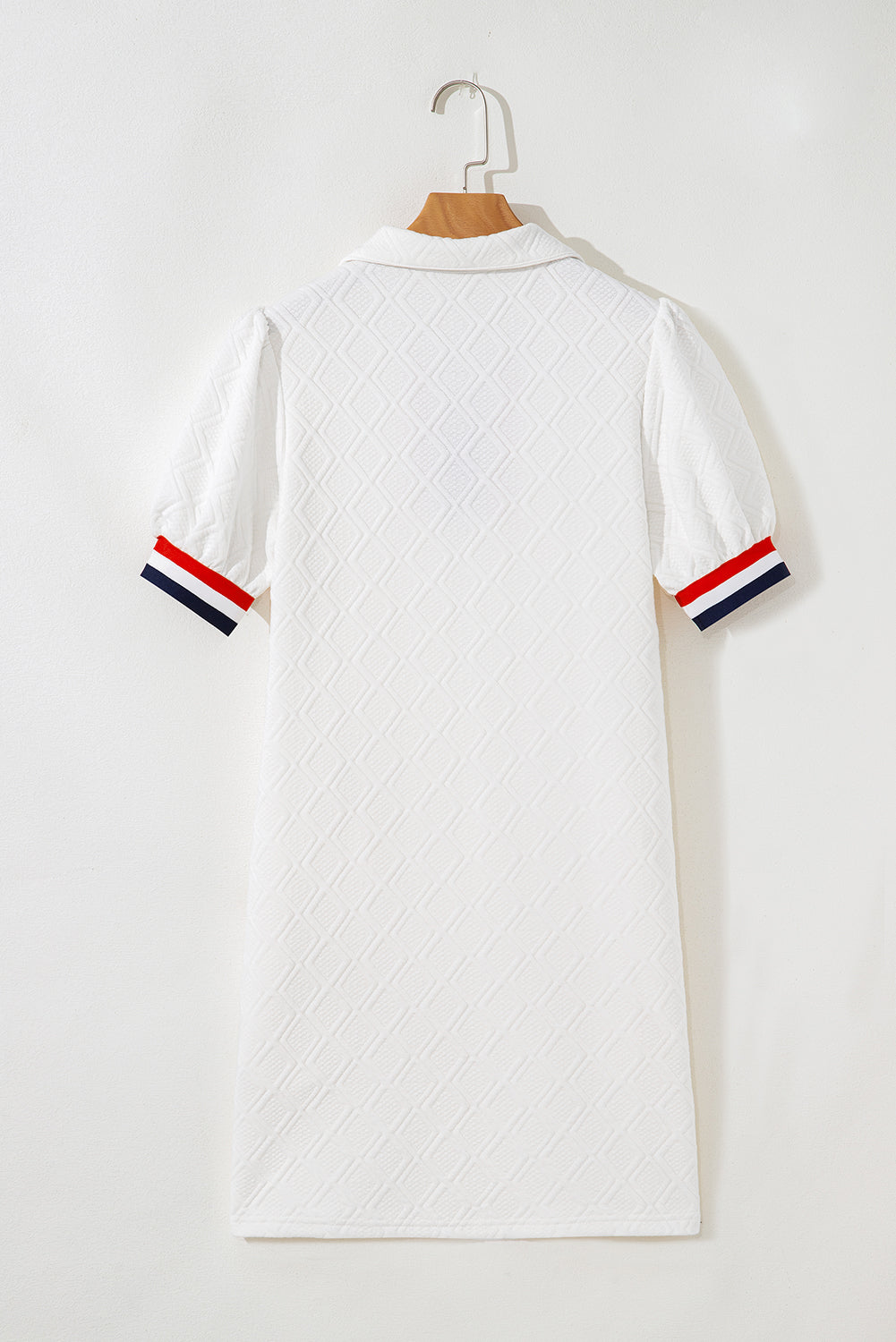 White Pop of Color Neckline Plaid Textured Puff Sleeve Mini Dress