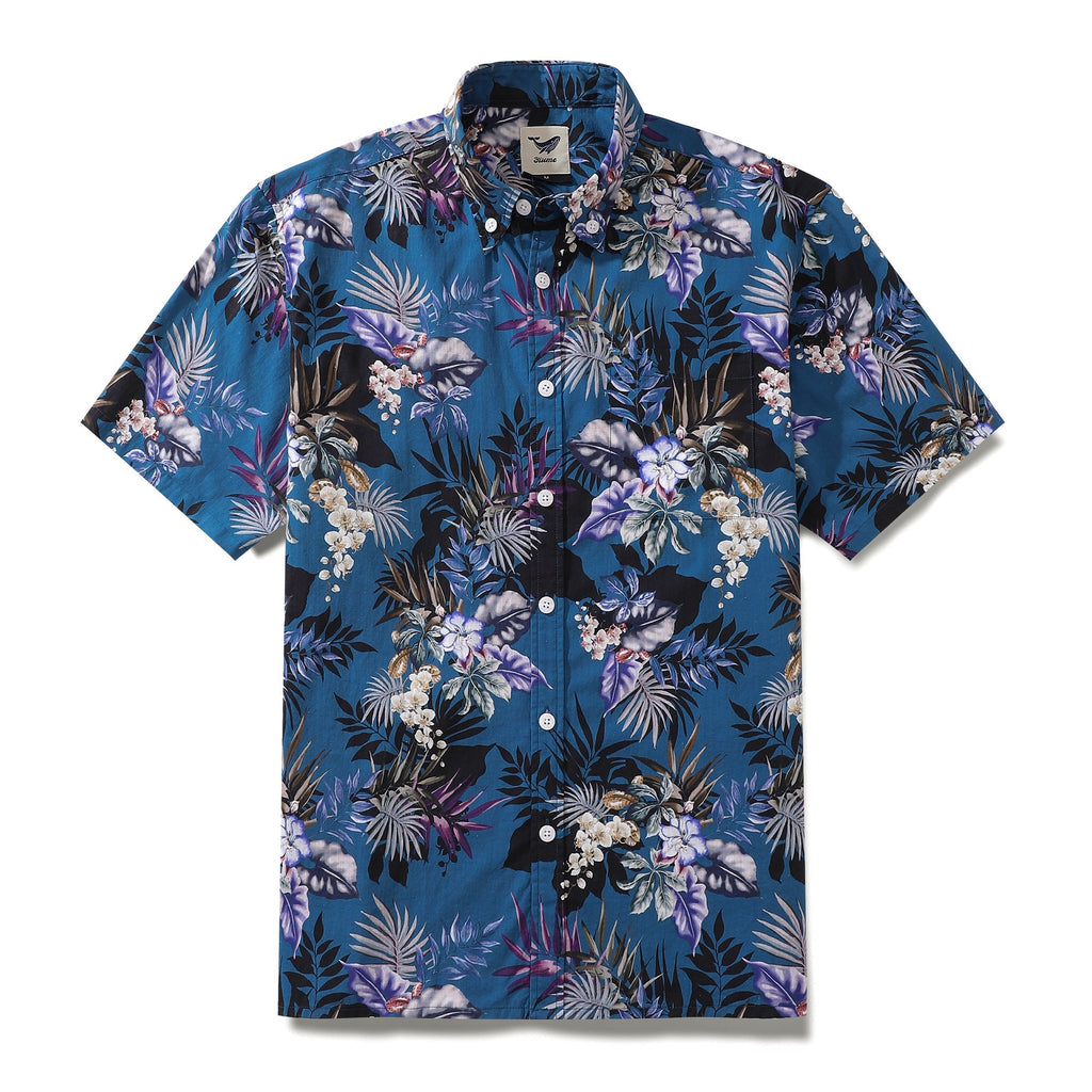 Dark Blue Hand Painted Orchid Floral Print 100% Cotton Button-down Shirt By Amy