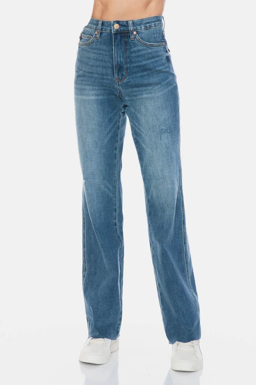 Judy Blue Full Size Tummy Control Cut Raw Hem Straight Women Jeans