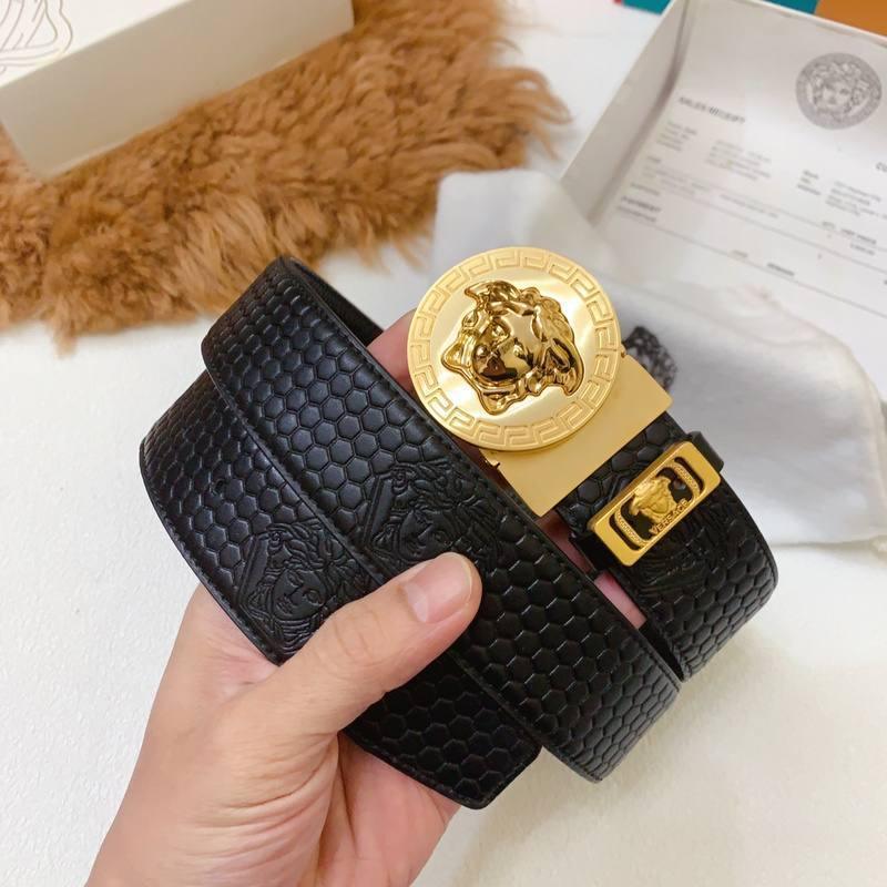 Versace Black Leather Vitello Belt Gold Medallion Buckle Banlieue91