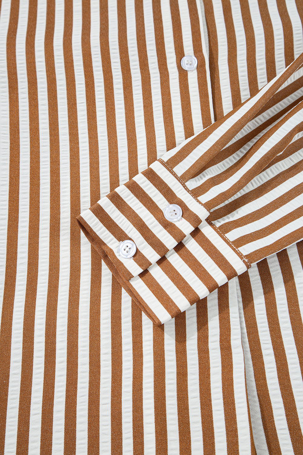 Brown Stripe Ruffle Hem Collared Long Sleeve Shirt Mini Dress