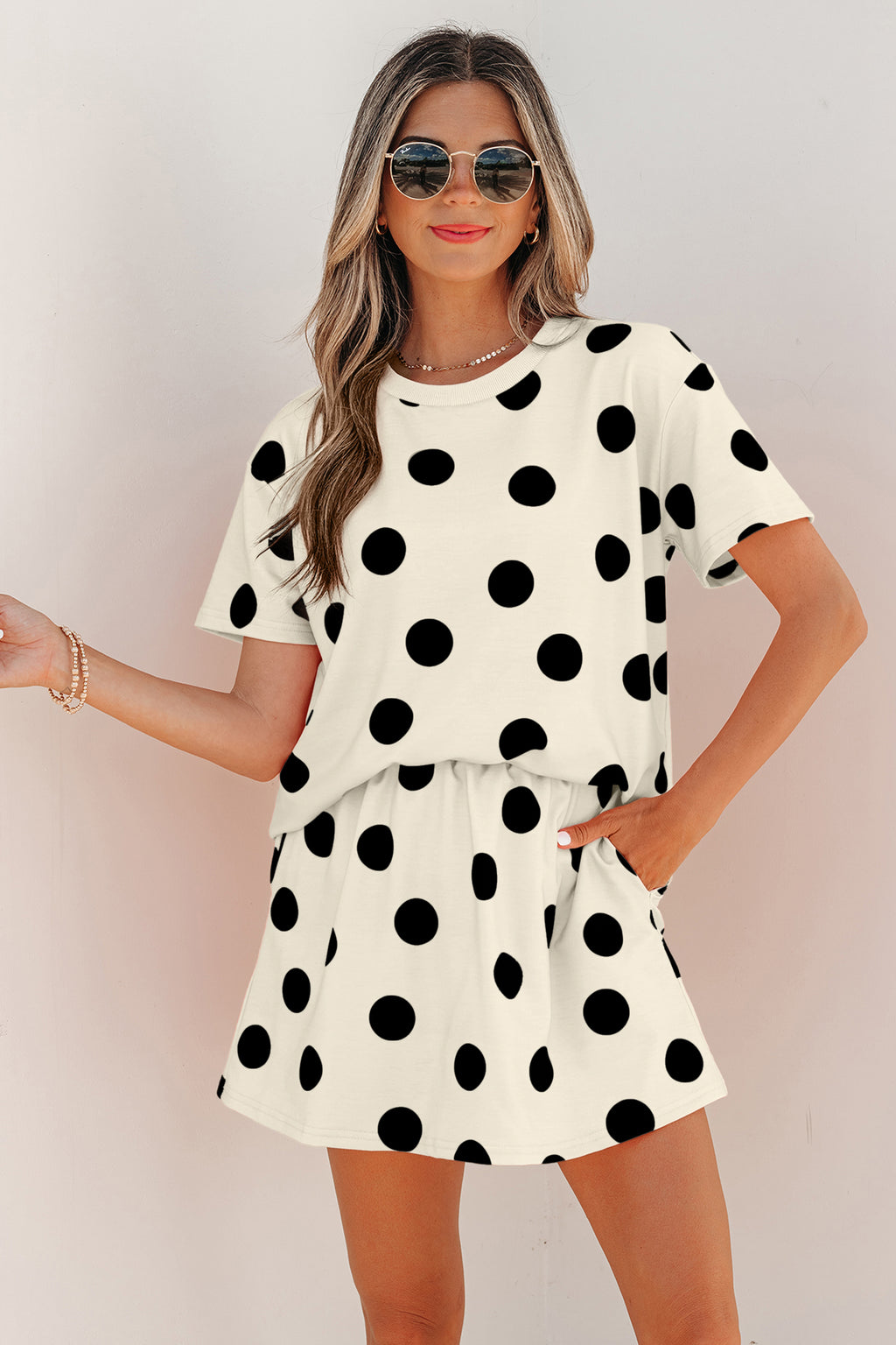 Sky Blue Polka Dot Short Sleeve Top Casual Skort 2pcs Outfit Shewin