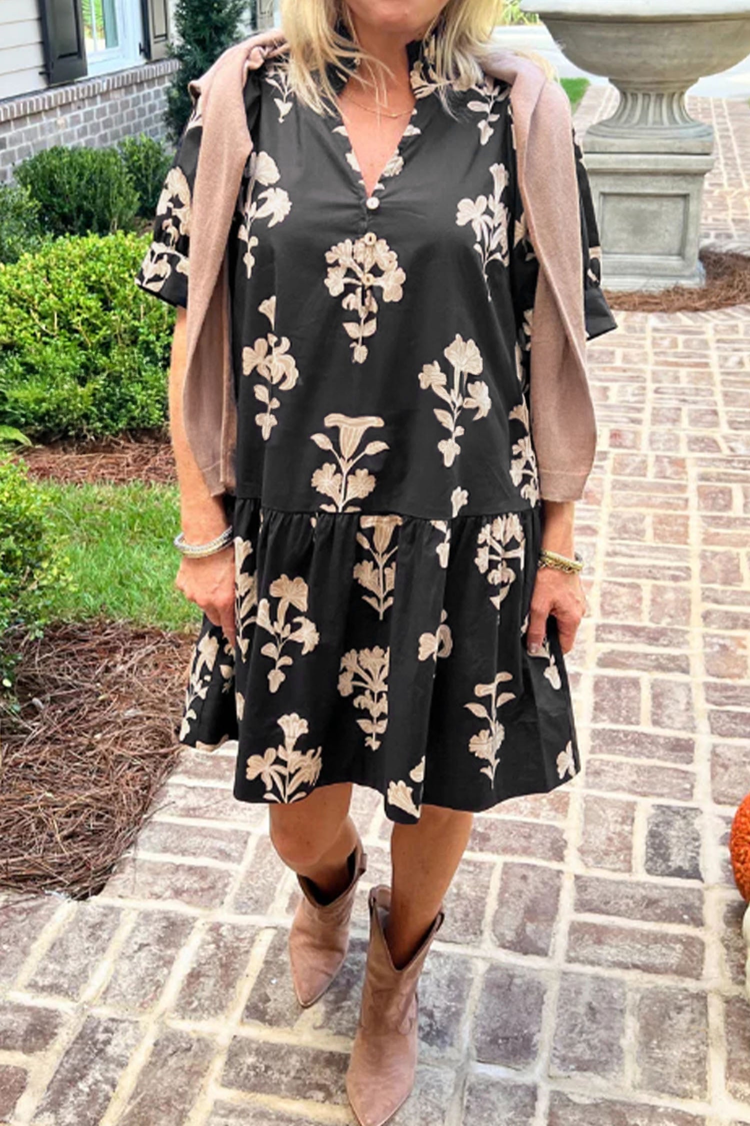 Green Frilled V Neck Puff Short Sleeve Floral Mini Dress