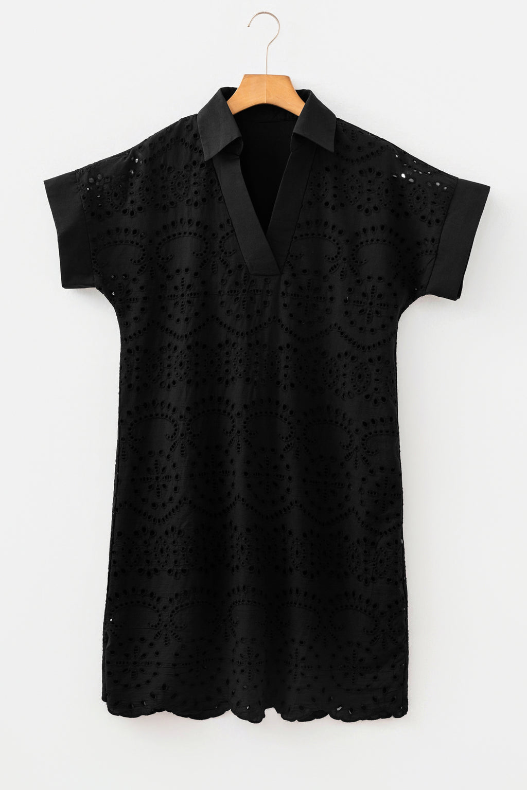 Green Solid Color Eyelet Embroidered T Shirt Mini Dress