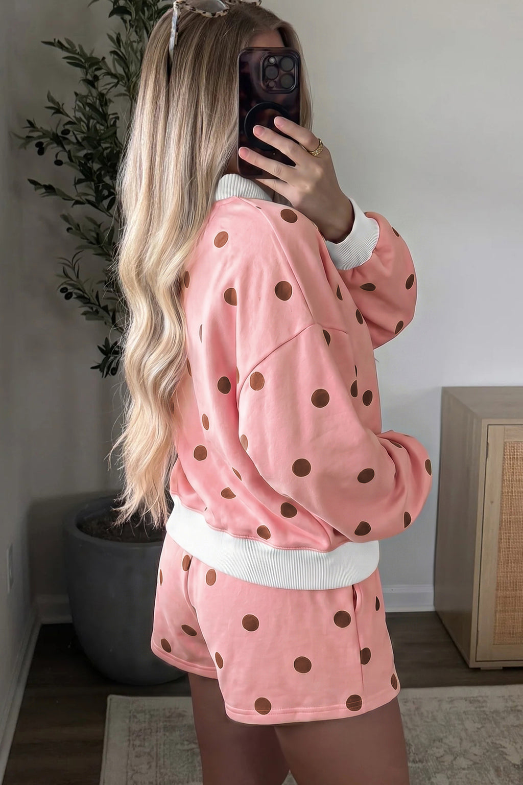 Brown Polka Dot Ribbed Trim Long Sleeve Top Casual Short Set