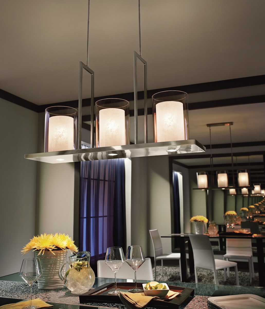 Triad 40"W 6-Light Classic Pewter Finish Clear Glass White Vetro Mica Shades Linear Chandelier by Kichler LampsUSA