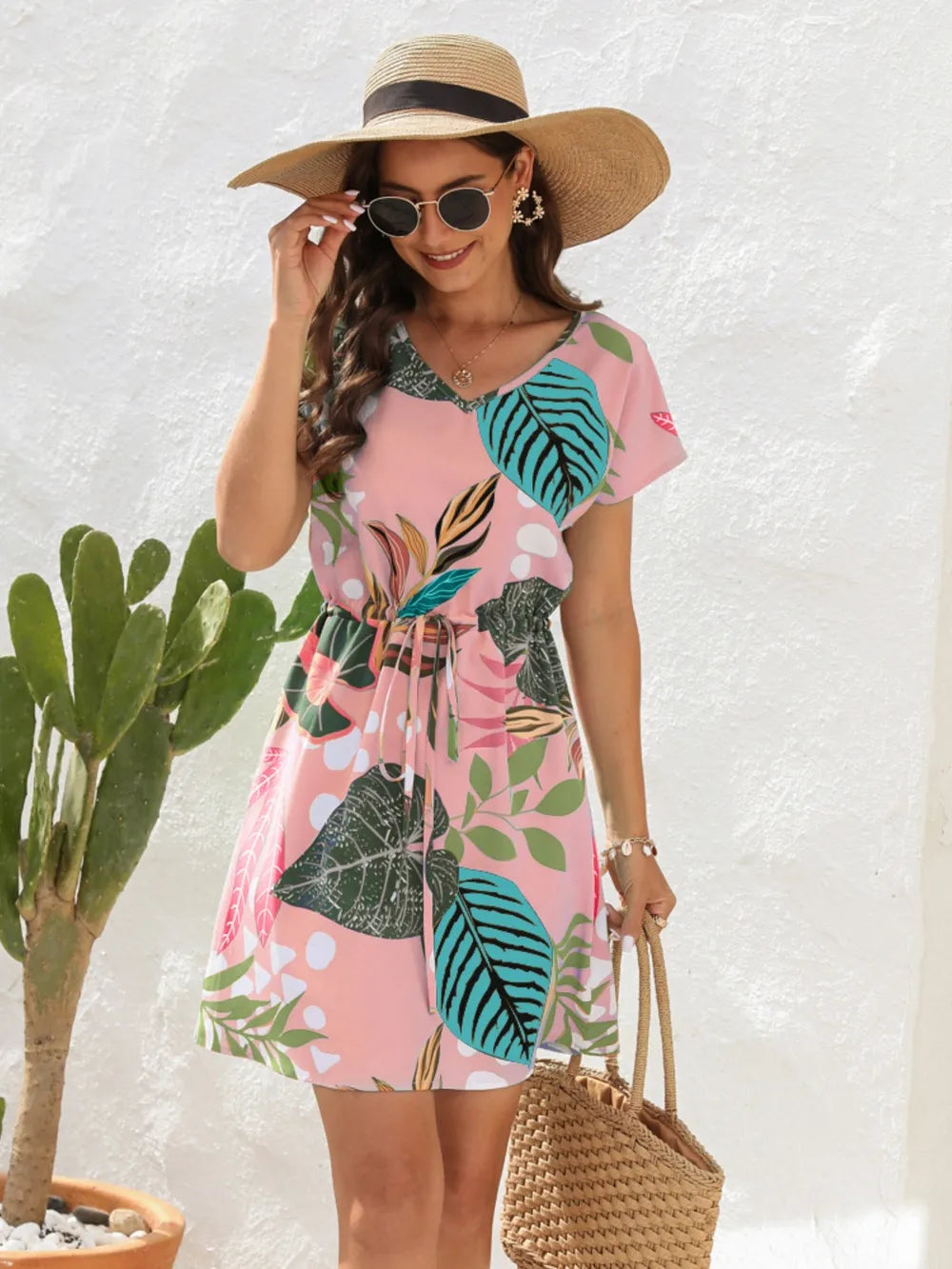 Drawstring Printed V-Neck Mini Dress V.I.P Digital Presence
