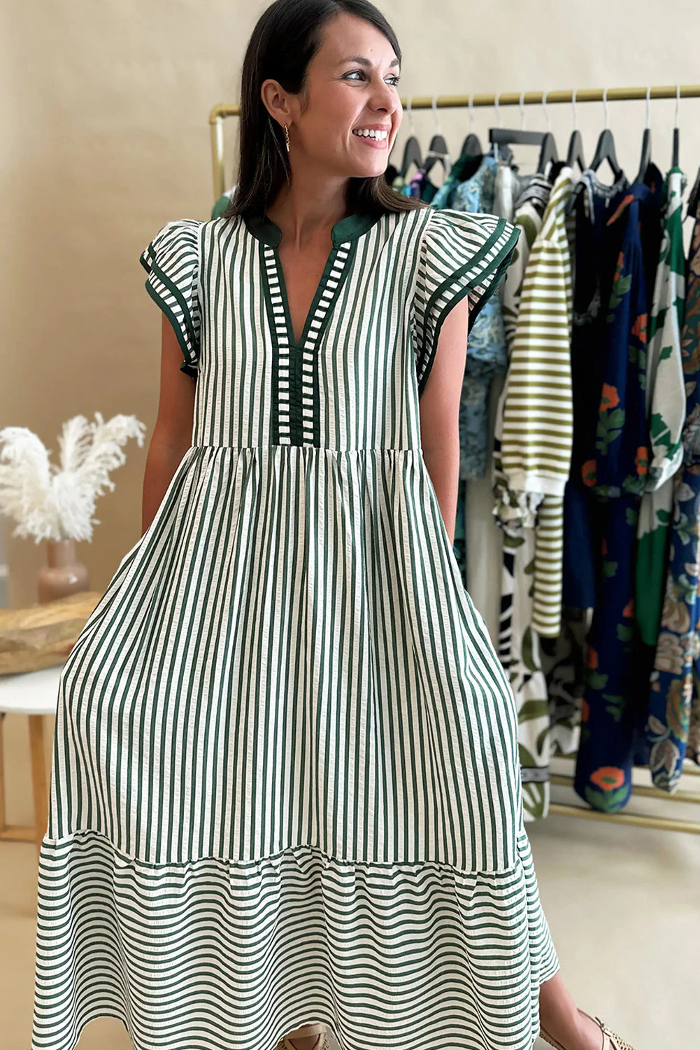 Brown Stripe Double Ruffled Short Sleeve Contrast Trim V Neck Midi Dress