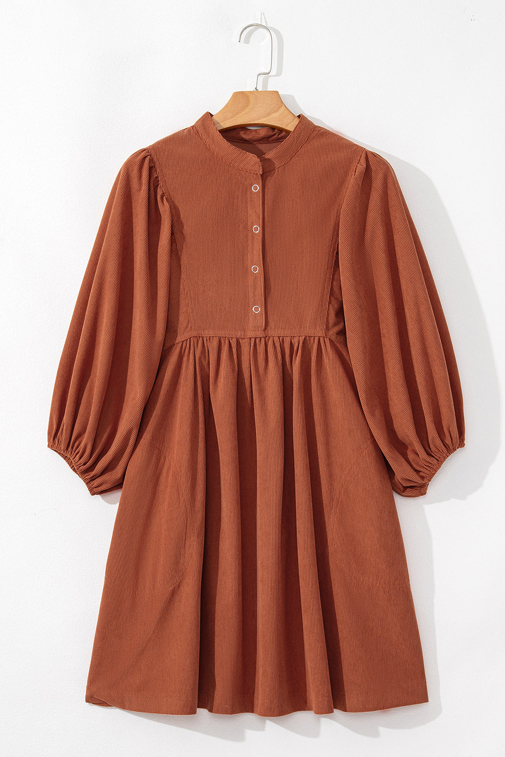 Gold Flame Light Snap Button Empire Waist Lantern Sleeve Corduroy Dress