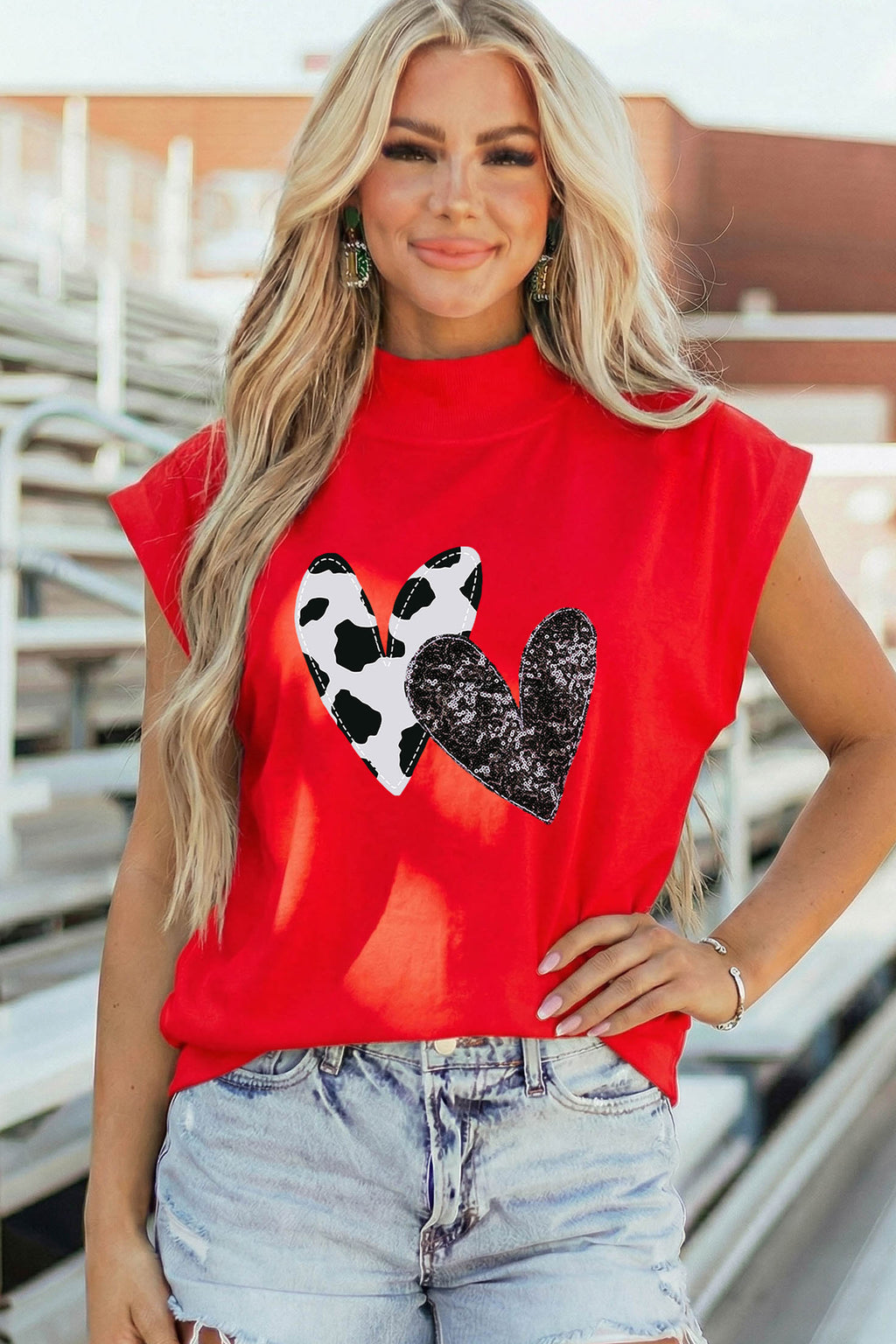 Racing Red Sequin Cow Pattern Hearts High Neck Cap Sleeve Top