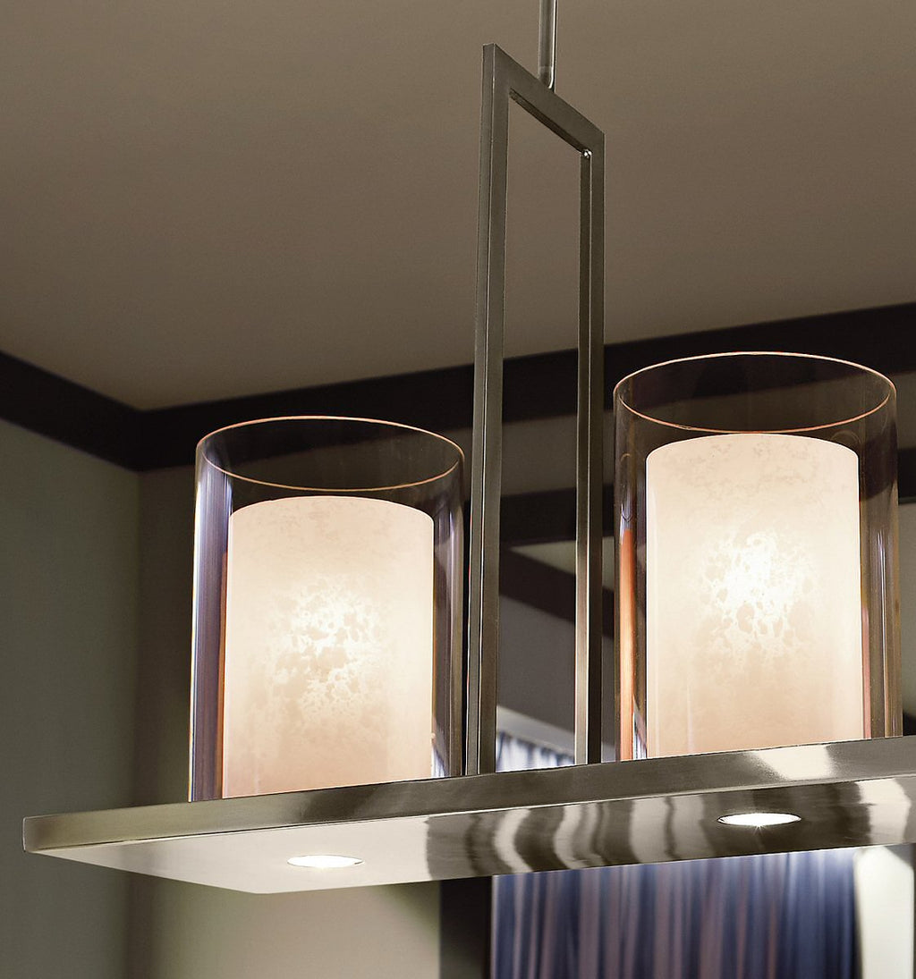 Triad 40"W 6-Light Classic Pewter Finish Clear Glass White Vetro Mica Shades Linear Chandelier by Kichler LampsUSA