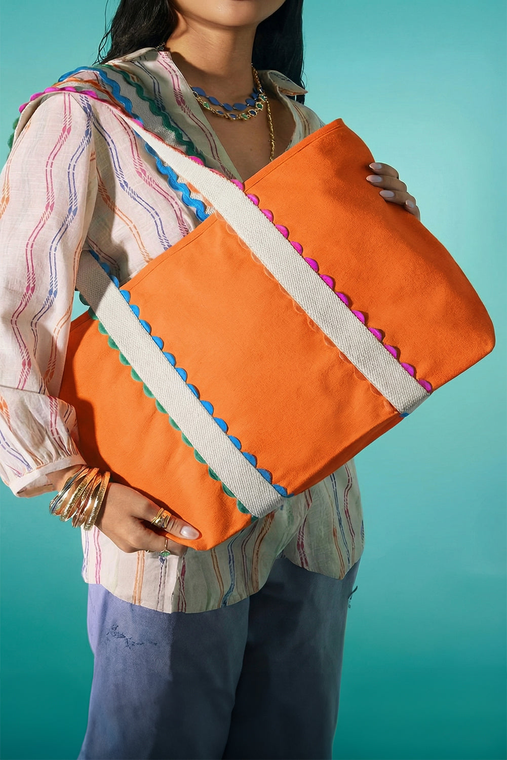 White Colorful Ricrac Detail Canvas Tote Bag Shewin