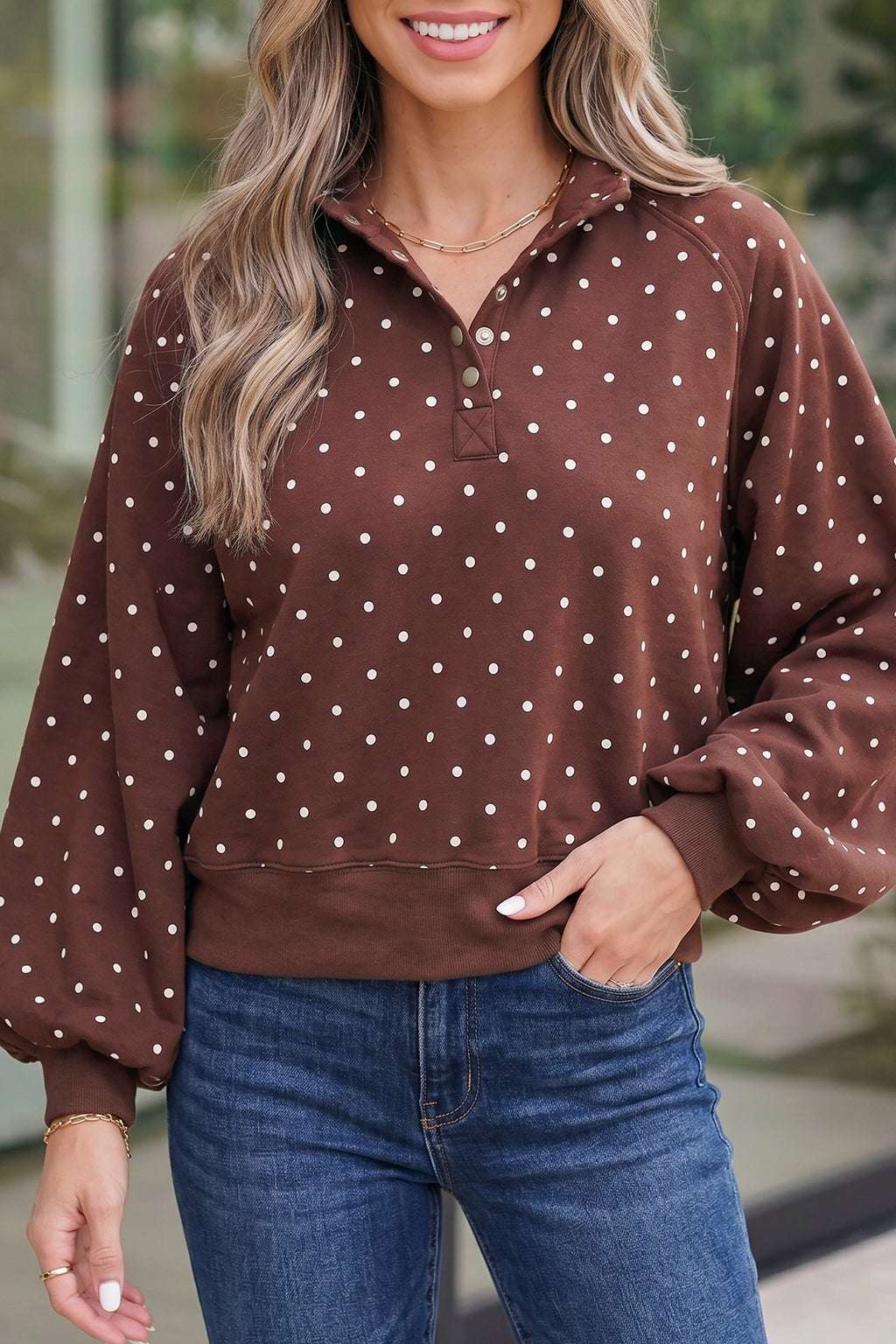 Pink Polka Dot Print Metal Button Collar Casual Pullover Sweatshirt Shewin