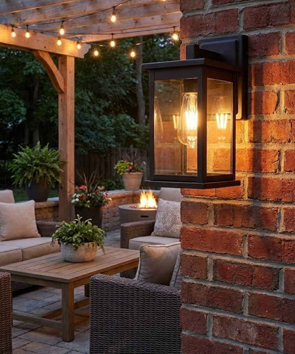 11"H Bowton II Outdoor Wall Light - Dusk to Dawn Matte Black Finish with Glass Shade by Millennium Lighting LampsUSA
