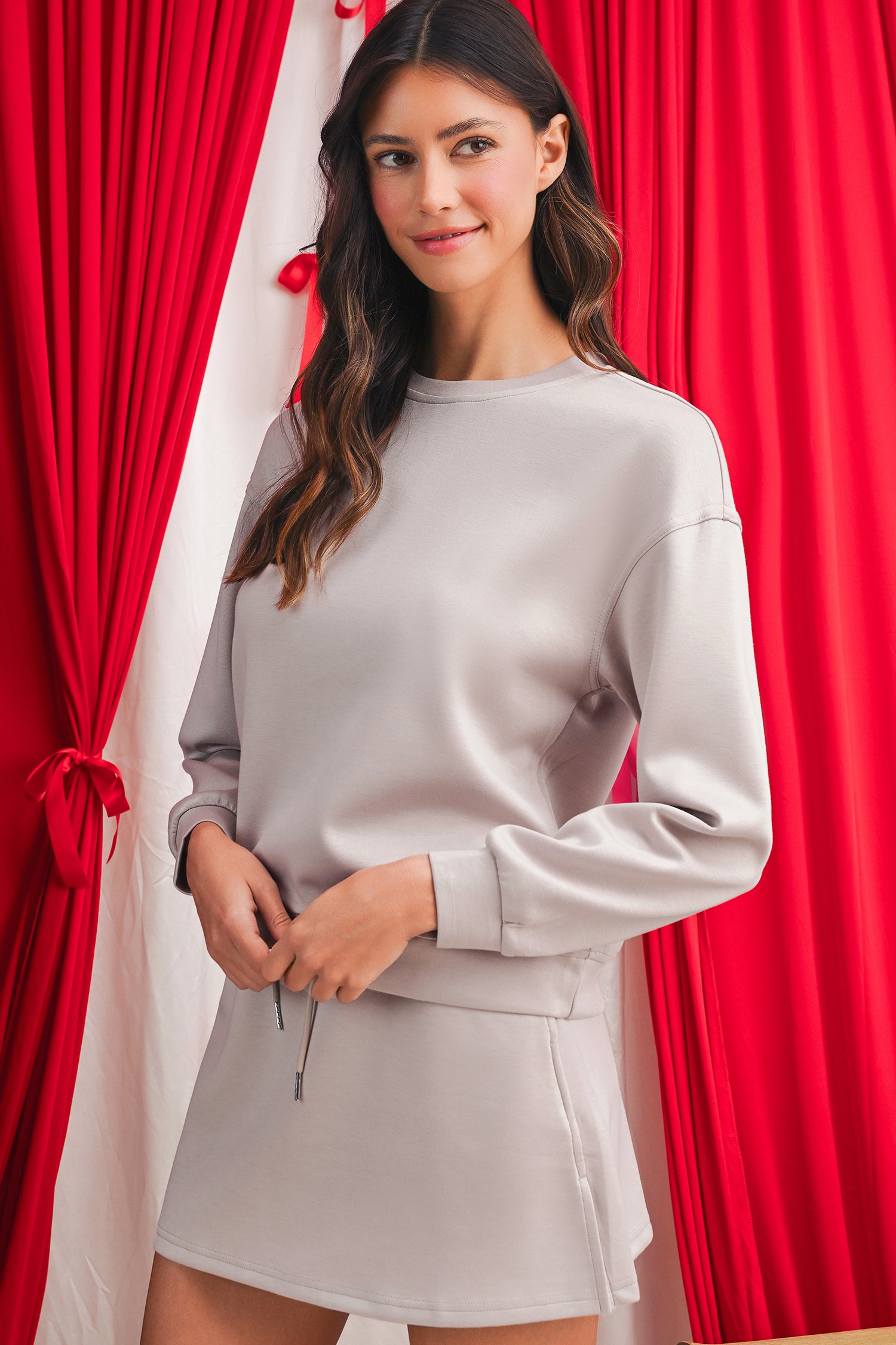 Racing Red Solid Color Drop Shoulder Pullover Drawstring Mini Skirt Set