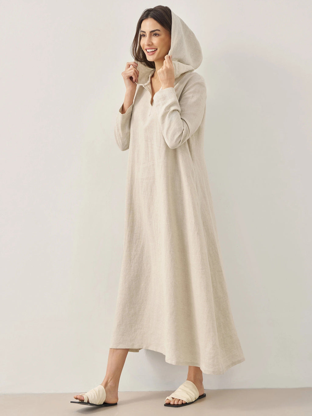 100% Linen Hooded Pullover Midi Dress REBECCA LINTICO