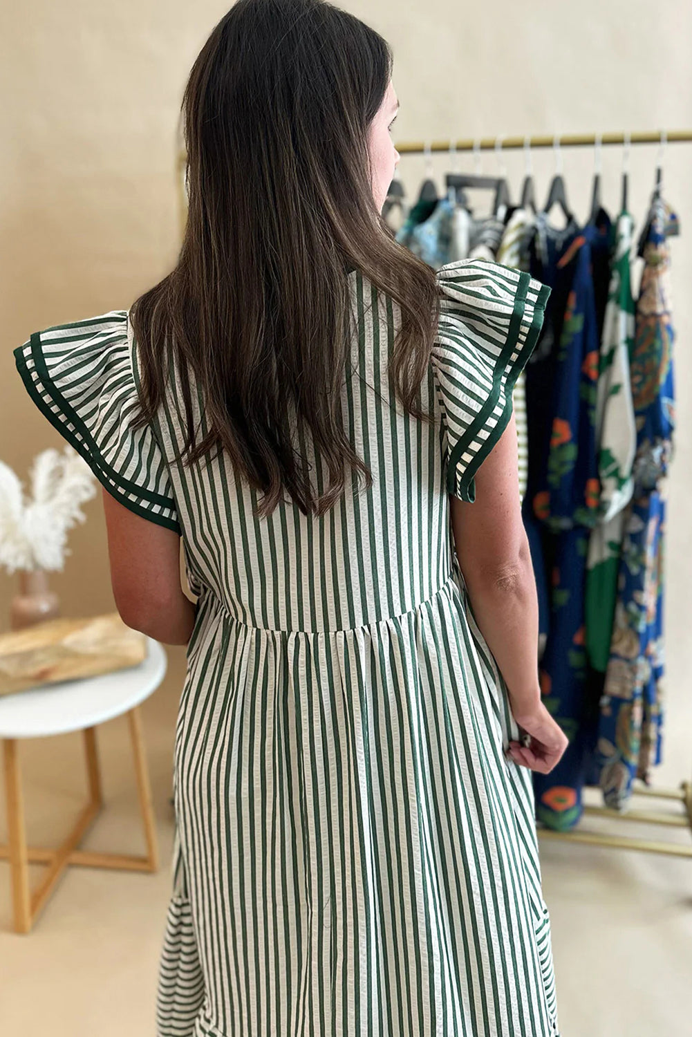 Brown Stripe Double Ruffled Short Sleeve Contrast Trim V Neck Midi Dress