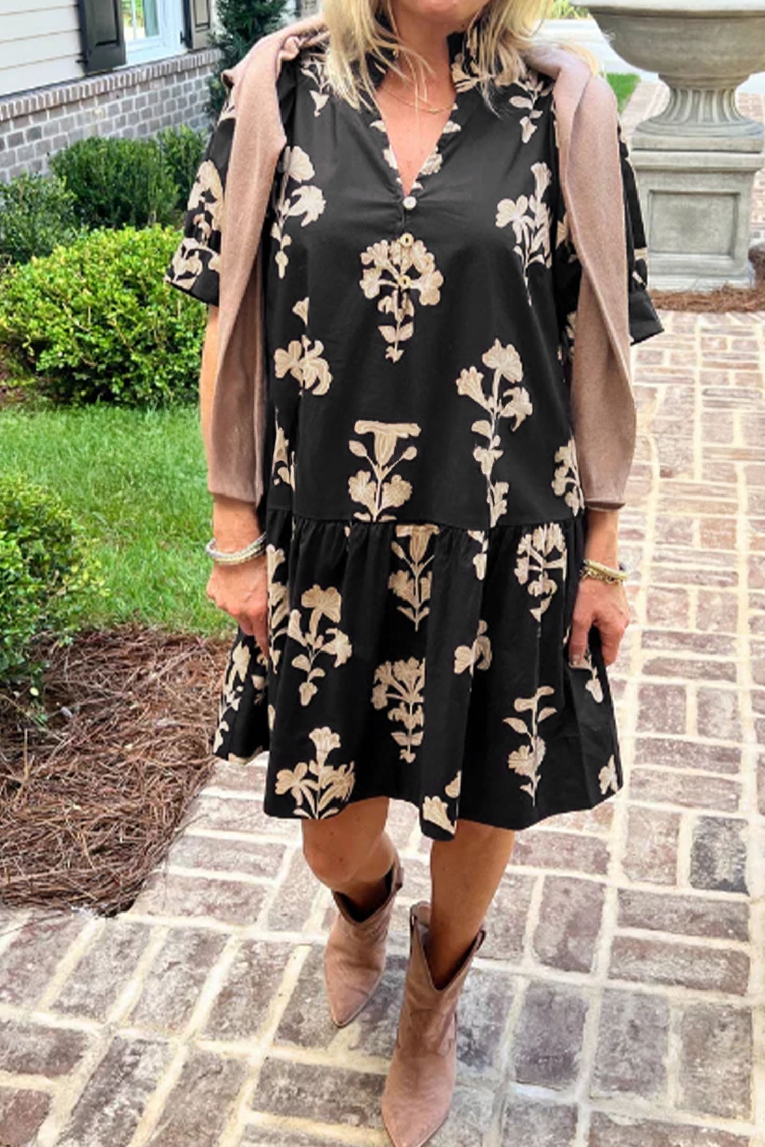 Green Frilled V Neck Puff Short Sleeve Floral Mini Dress