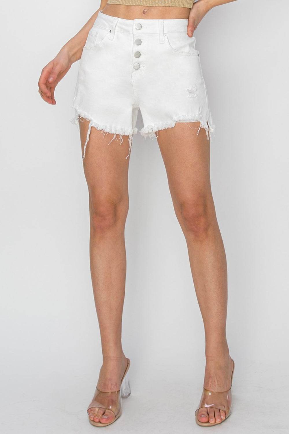 RISEN Button Fly Frayed Hem Denim Women Shorts