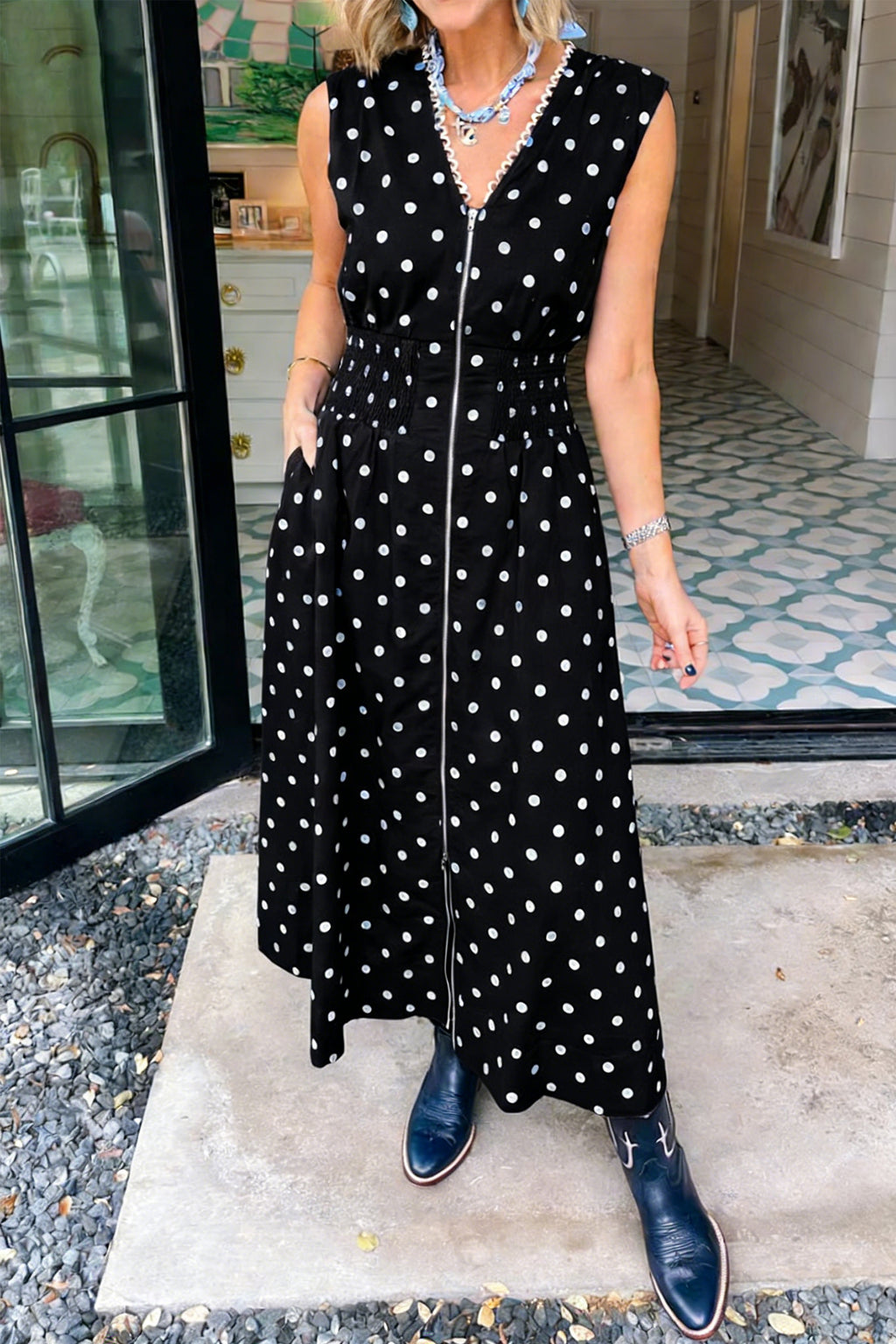Brown Polka Dot Print Contrast Trim V Neck Zip Up Sleeveless Dress Shewin