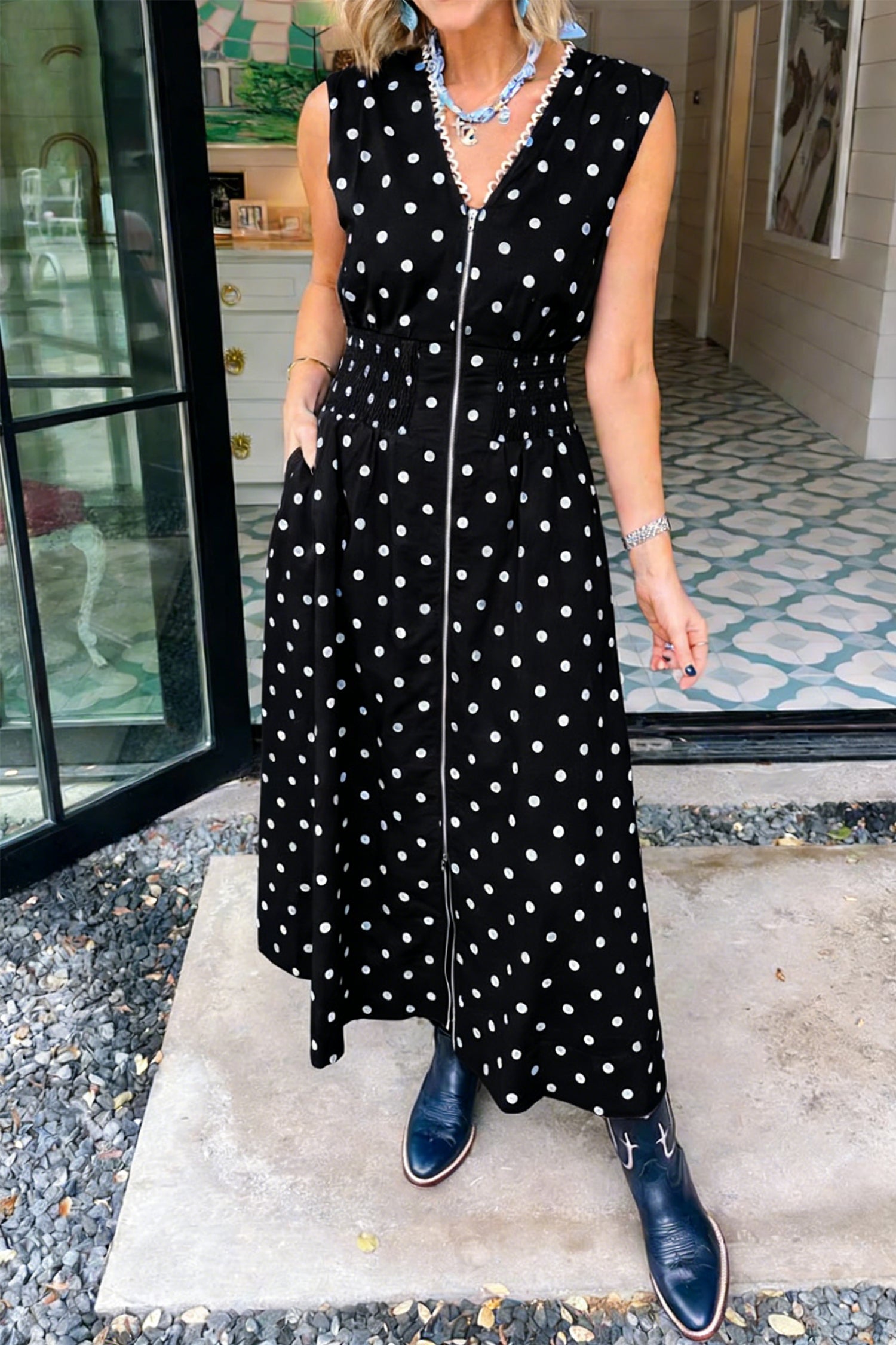 Brown Polka Dot Print Contrast Trim V Neck Zip Up Sleeveless Dress Shewin