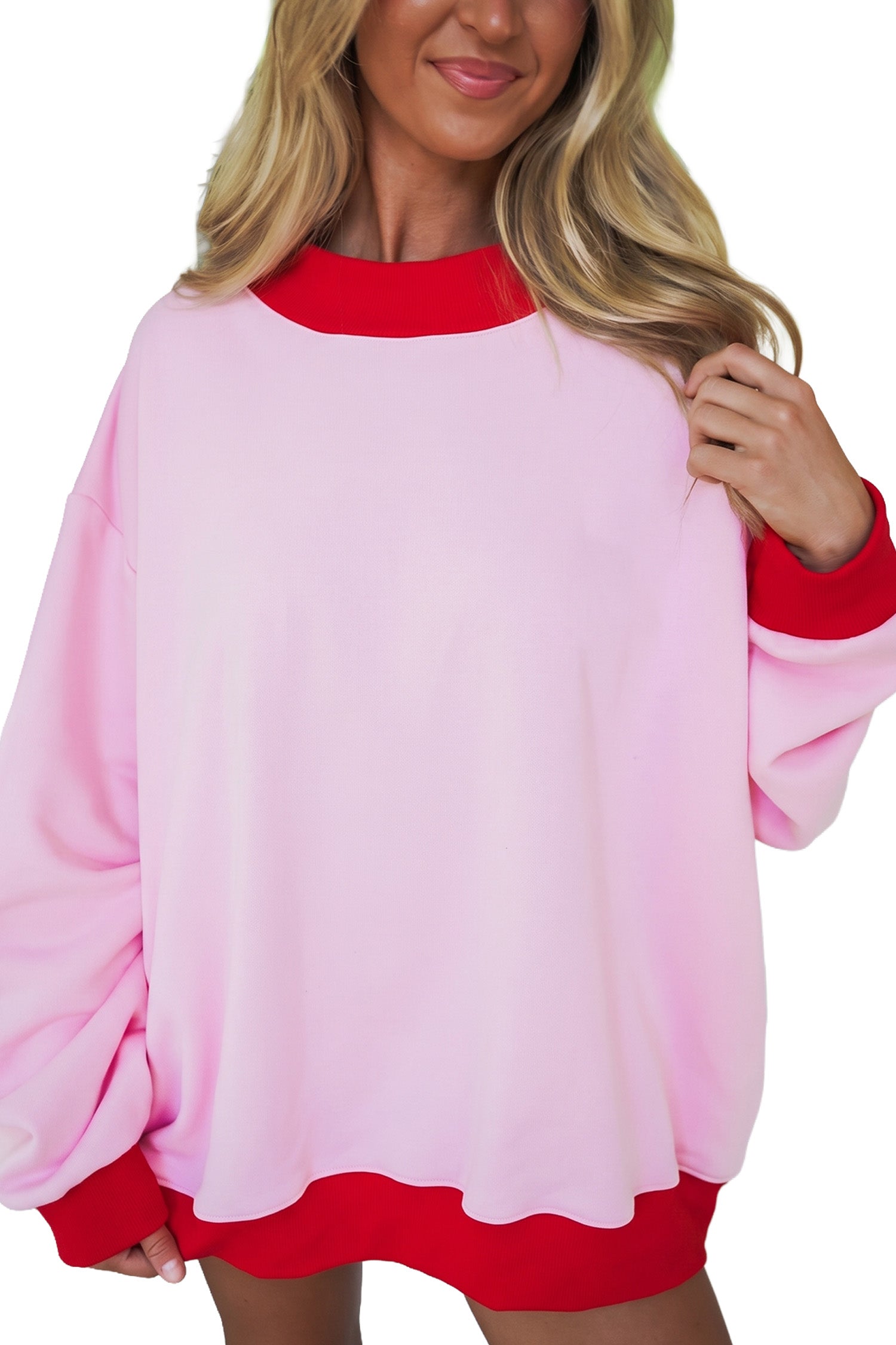 Pink Colorblock Trim Crewneck Long Sleeve Pullover Sweatshirt