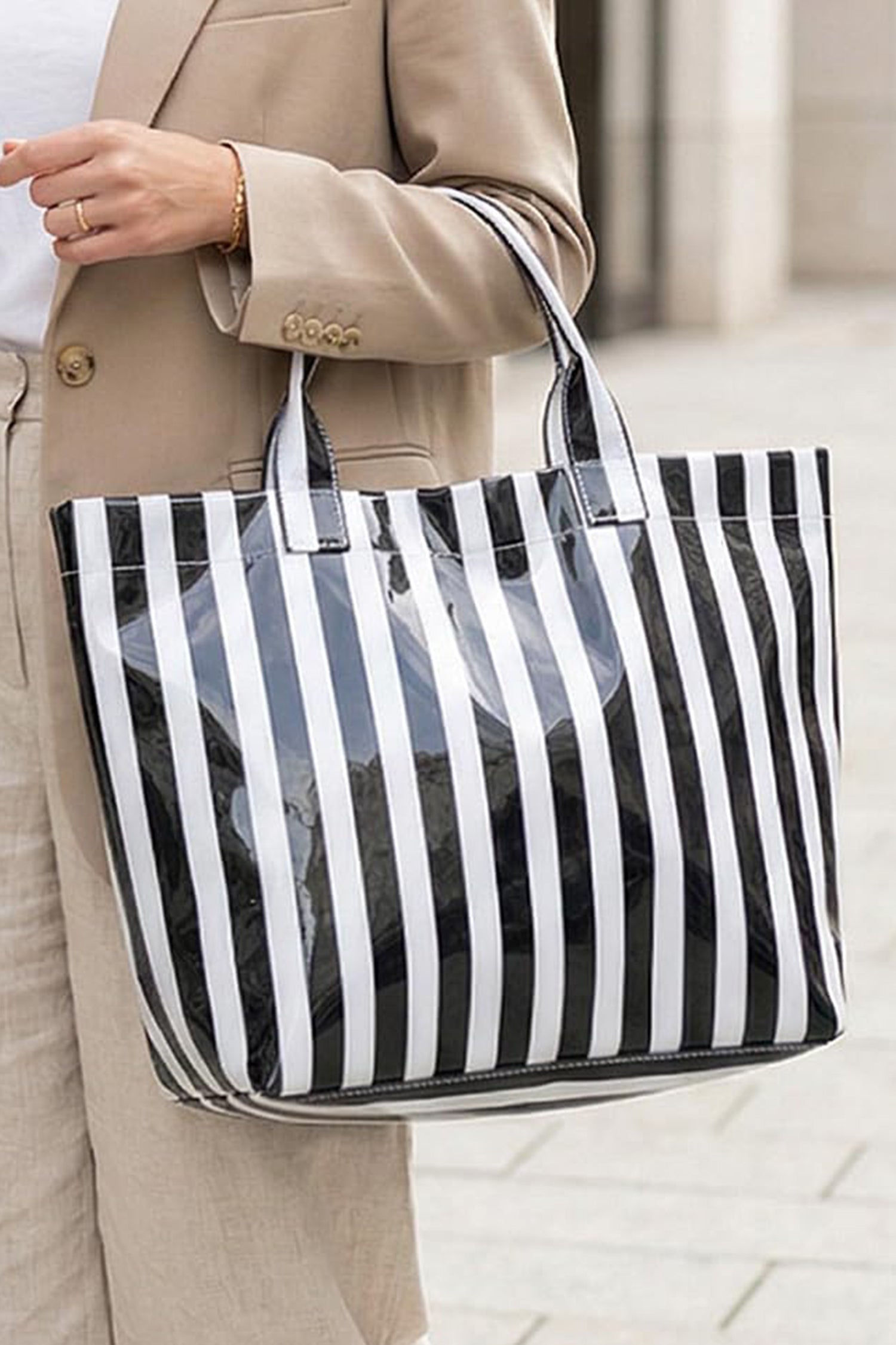 Red Glossy Striped Vinyl Large Tote Bag (Color Varied)