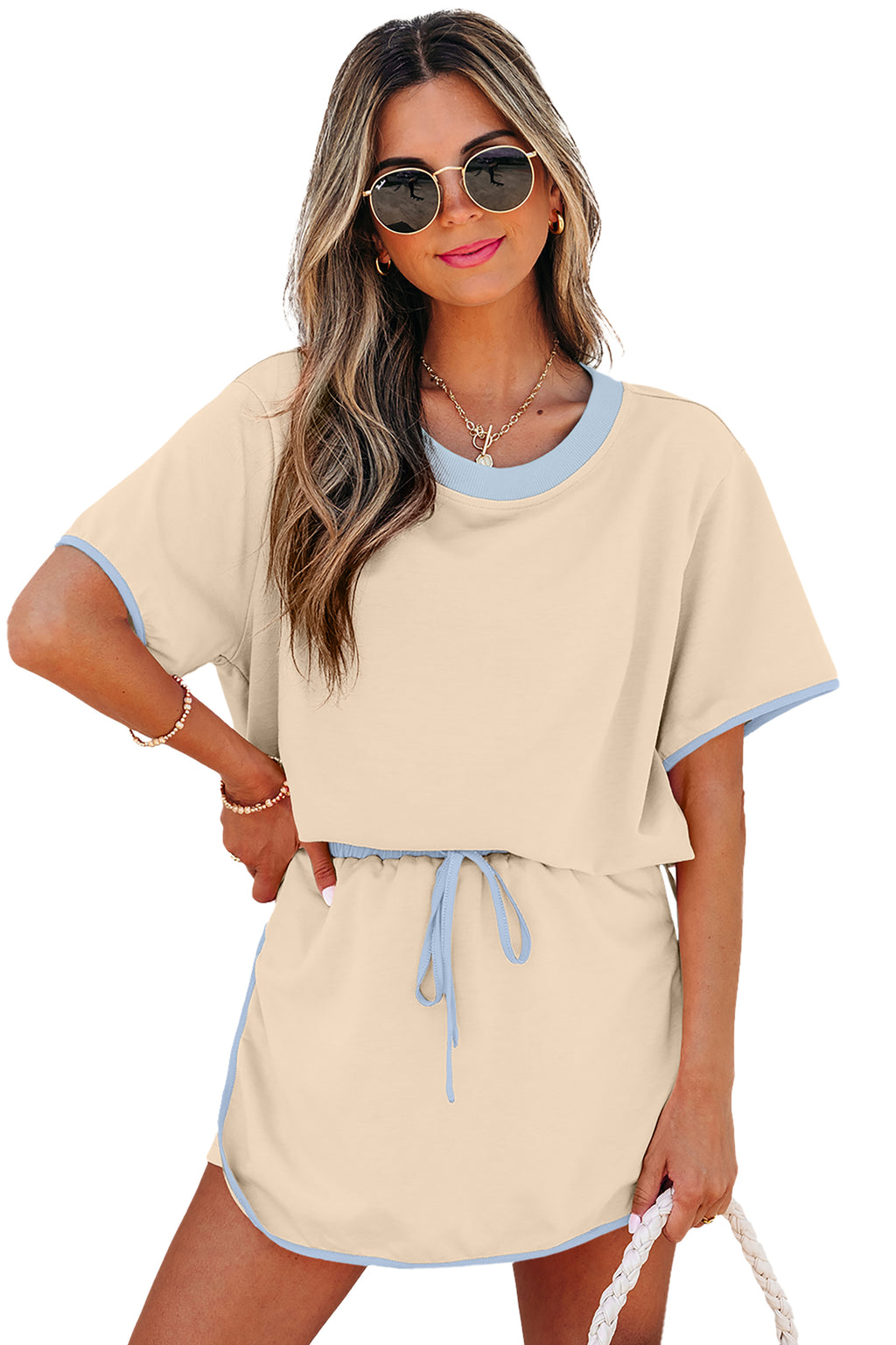 Moonlight Jade Colorblock Edge Drop Shoulder T Shirt and Skort 2Pcs Set
