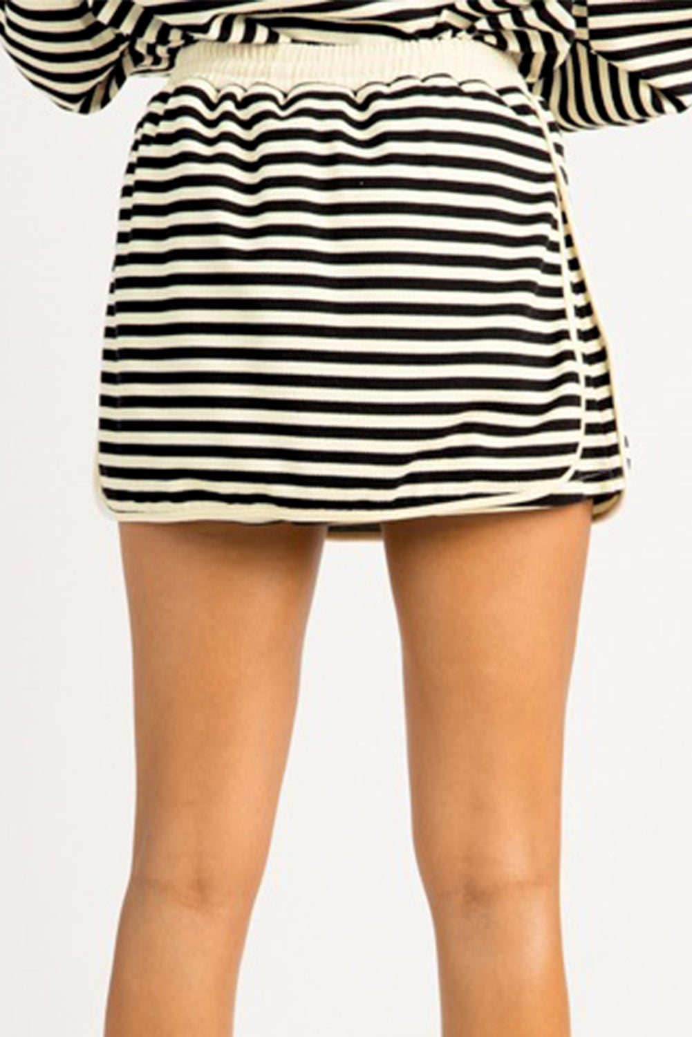 Black Stripe Textured Drop Shoulder Pullover Top Drawstring Mini Skort Two Piece Dress Set