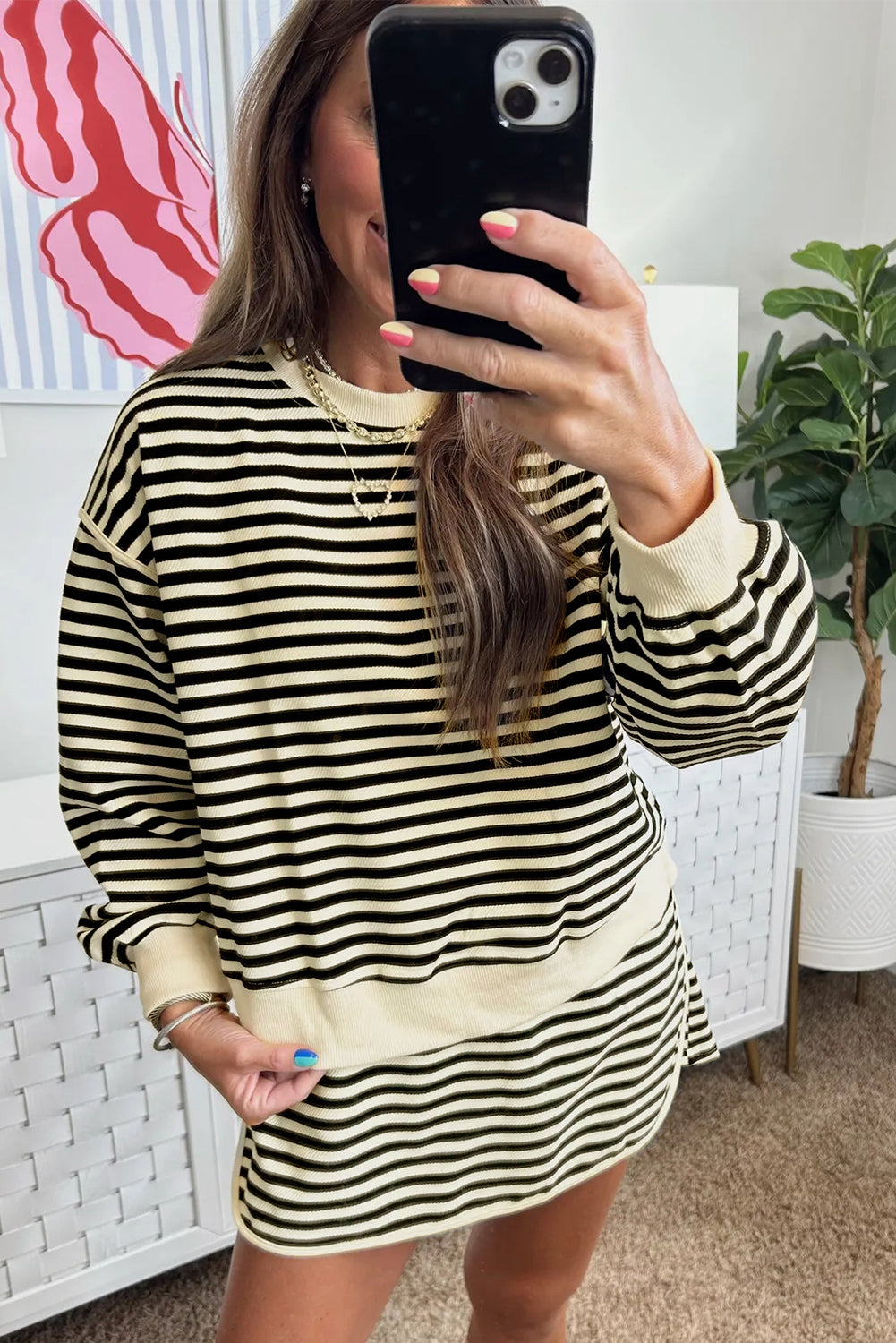 Black Stripe Textured Drop Shoulder Pullover Top Drawstring Mini Skort Two Piece Dress Set
