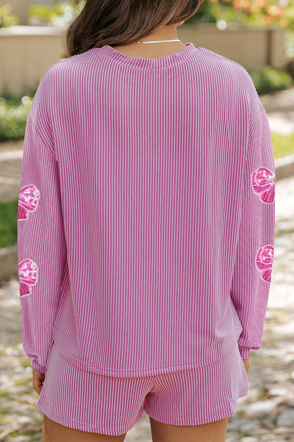 Phalaenopsis Corded Rib Sequin Bow Patched Long Sleeve Top and Shorts 2pcs Set